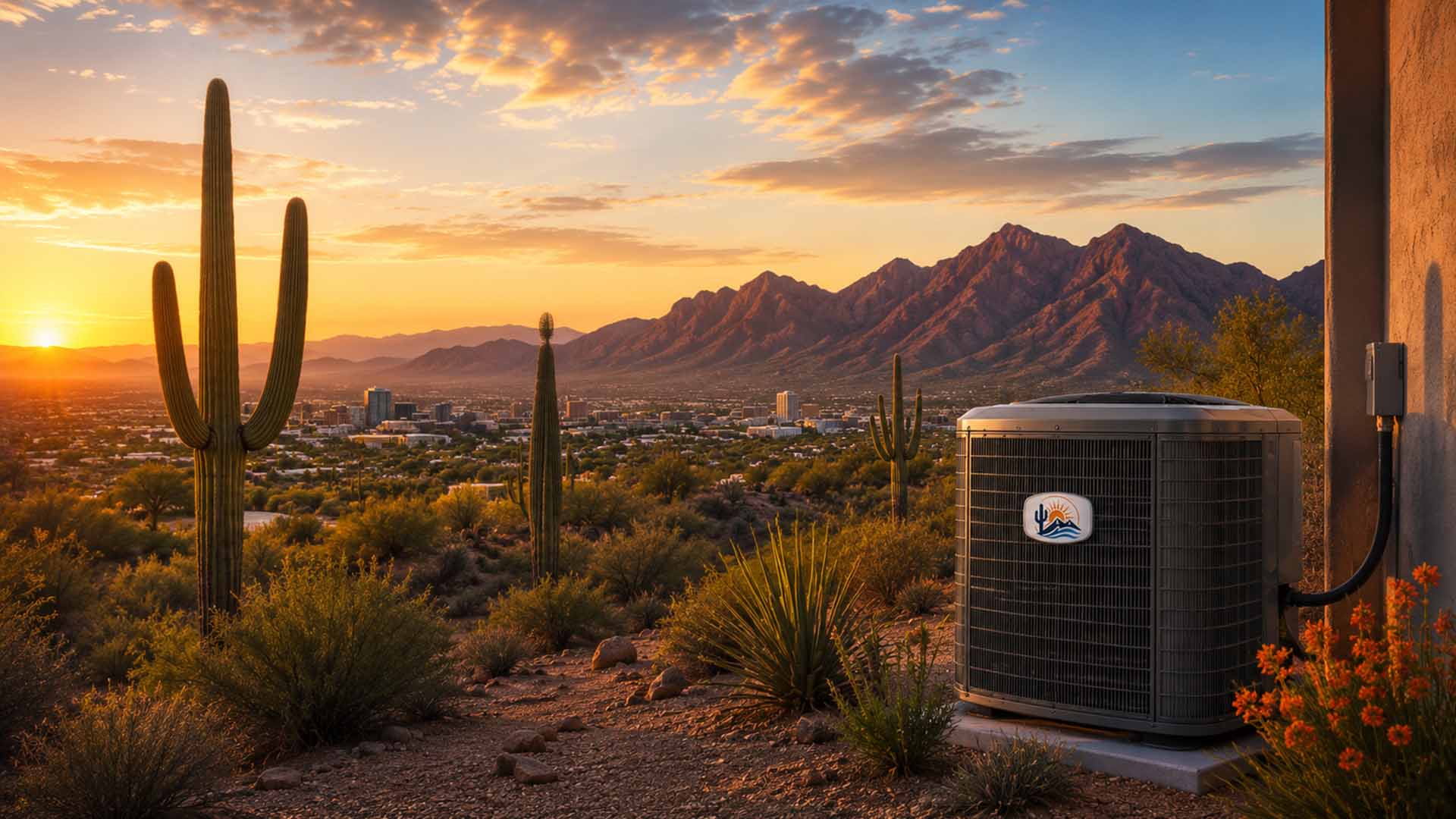 Desert sunset over Tucson with a modern air conditioning unit